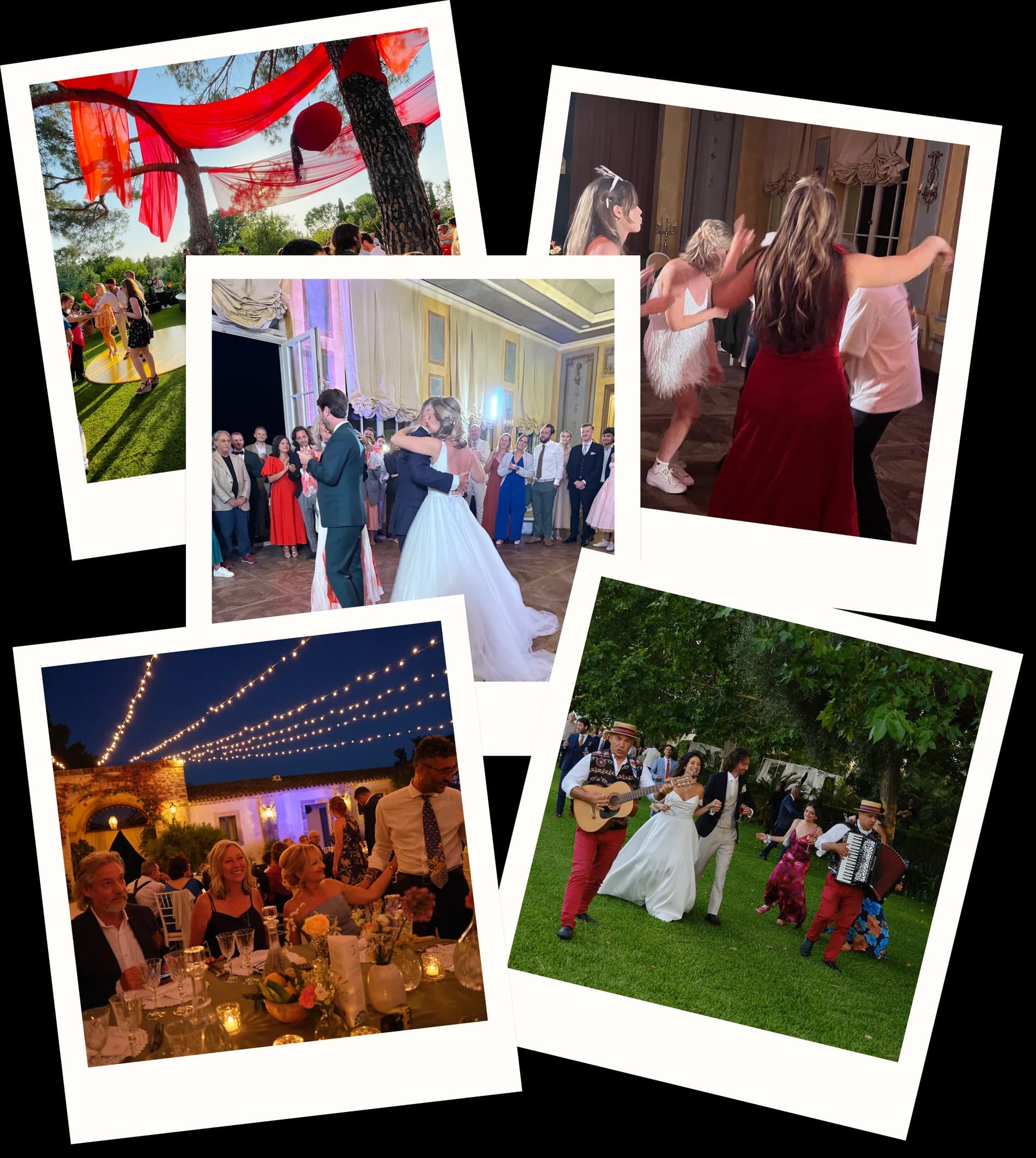A collage of real Twirl guest photos: red drapery over an outdoor dance floor, the couple's first dance, guests dancing indoors, dinner under string lights, and the couple dancing outdoors with live musicians