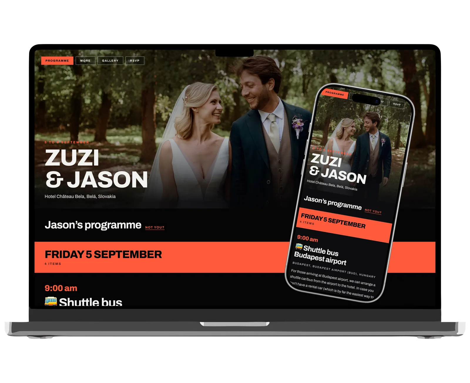 Twirl wedding page example in a bold, dark style with orange accents