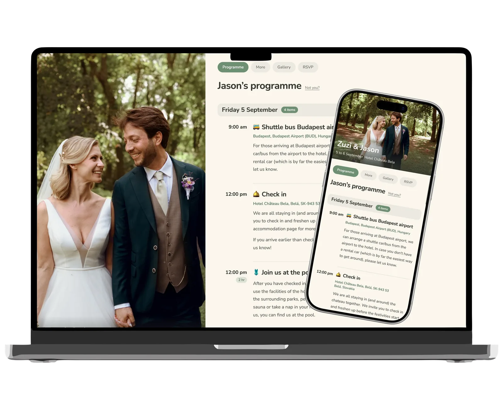 Twirl wedding page example with a full-width photo and green accents