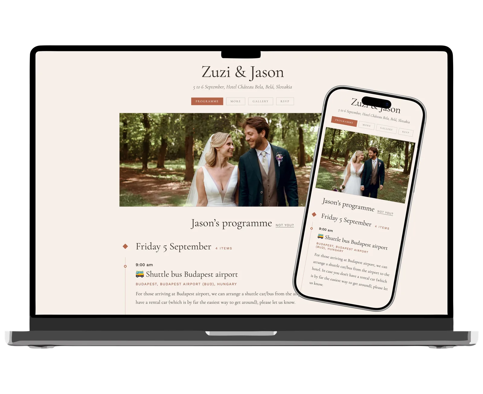 Twirl wedding page example in an elegant style with terracotta accents